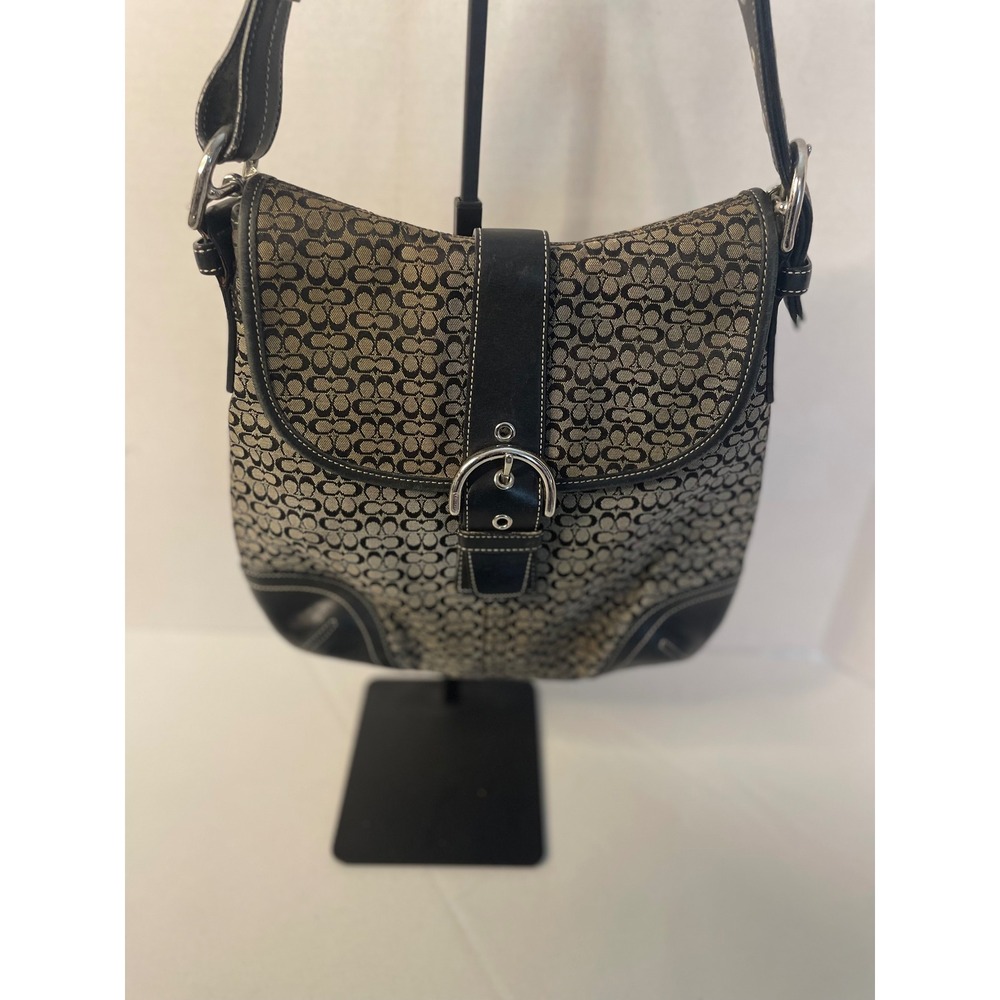 Vintage Coach Signature Jacquard Flap Buckle Crossbody Bag Black Gray